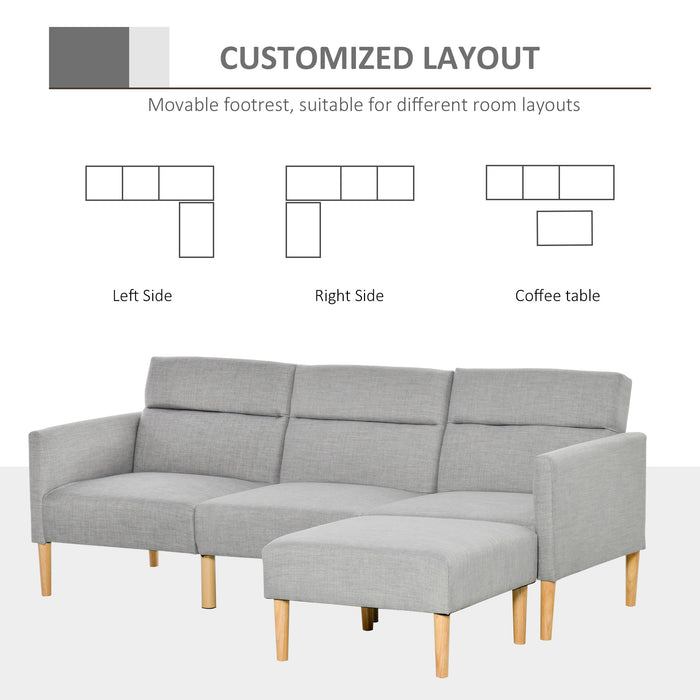 OUT OF STOCK - L Shape Sofa Bed Set, Linen Fabric Corner Sofa Bed with Rubber Wood Legs and Footstool, Light Grey