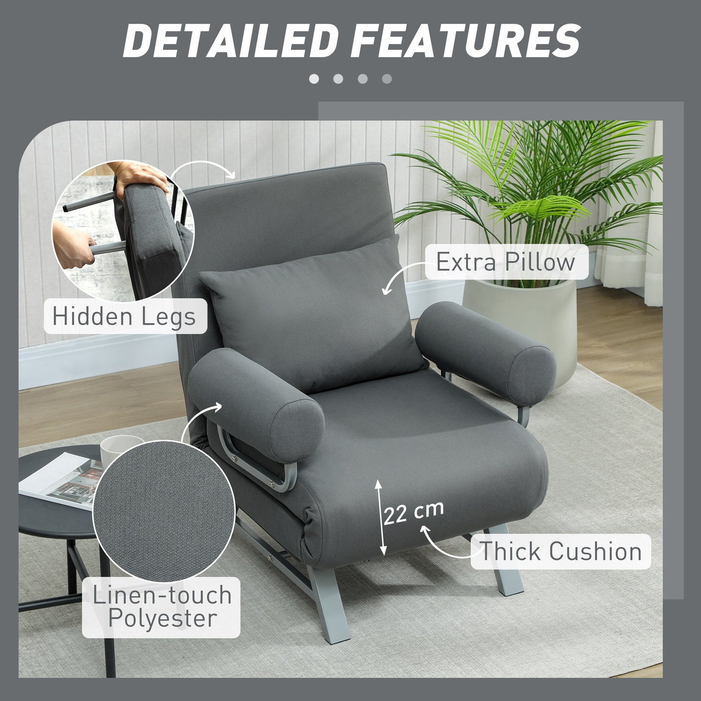Single Sofa Bed, 3-in-1 Convertible Folding Chair Bed, Dark Grey