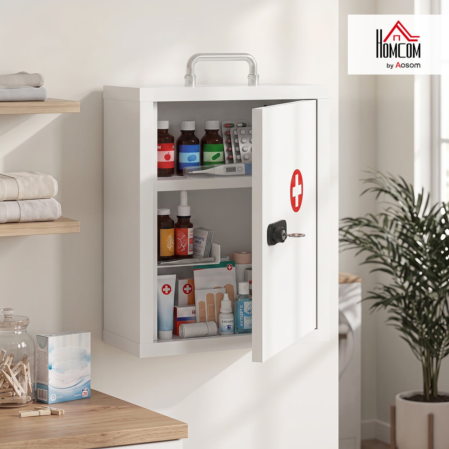 Medicine Cabinet, Medical Cabinet w/ Combination and Key Lock, White