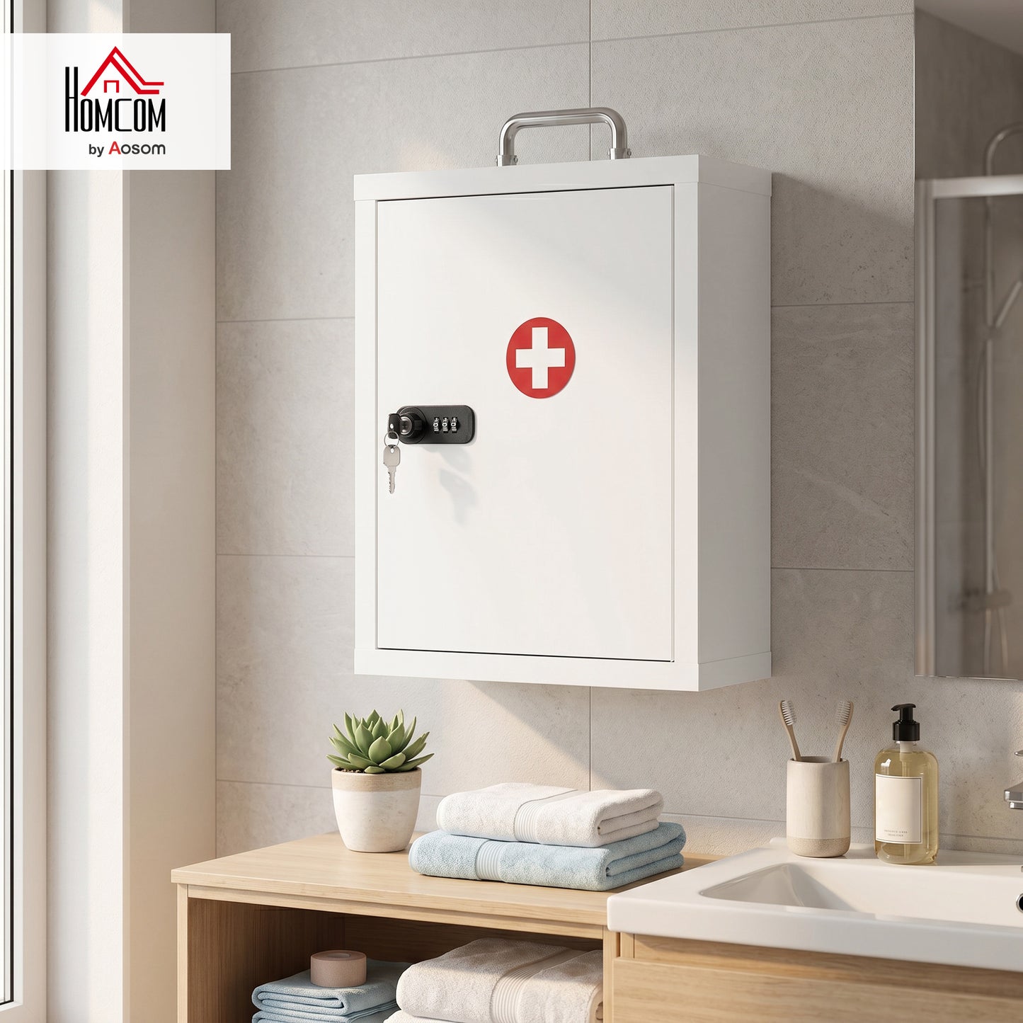 Medicine Cabinet, Medical Cabinet w/ Combination and Key Lock, White
