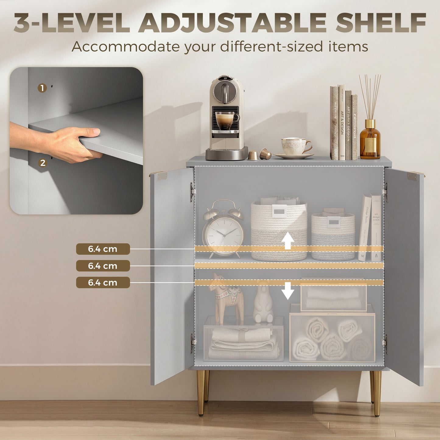 Sideboard Buffet Cabinet, Modern Kitchen Storage Cabinet with 2 Doors and Adjustable Shelf, Living Room Sideboard with Metal Legs for Hallway, Grey