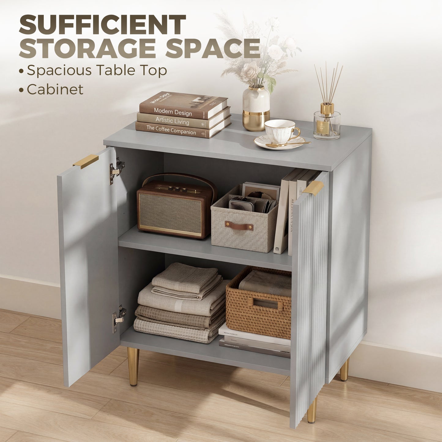 Sideboard Buffet Cabinet, Modern Kitchen Storage Cabinet with 2 Doors and Adjustable Shelf, Living Room Sideboard with Metal Legs for Hallway, Grey