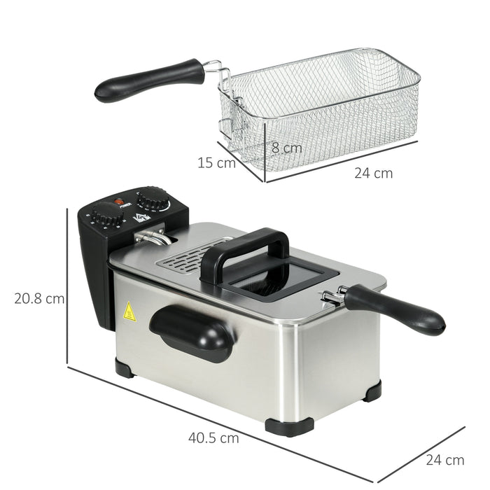 3 Litre Stainless Steel Deep Fat Fryer with Adjustable Temp, 60min Timer, Viewing Window and Safety Cut Out, 2000W