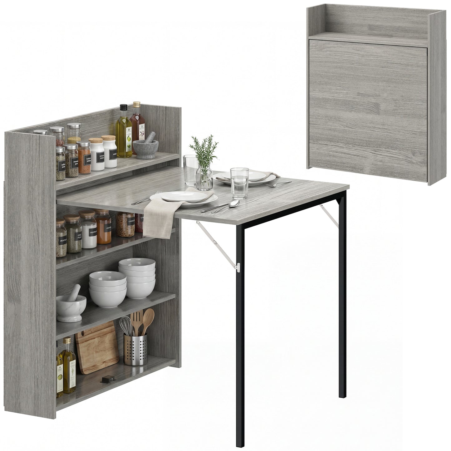 Folding Dining Table, Kitchen Table with Shelves Grey Wood Effect