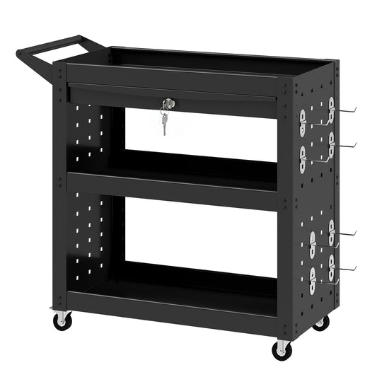 3-Tier Shelf Tool Cart with Pegboards and Drawer, Storage Trolley Wheel Cart with Brakes for Garage Workshop Warehouse, Black