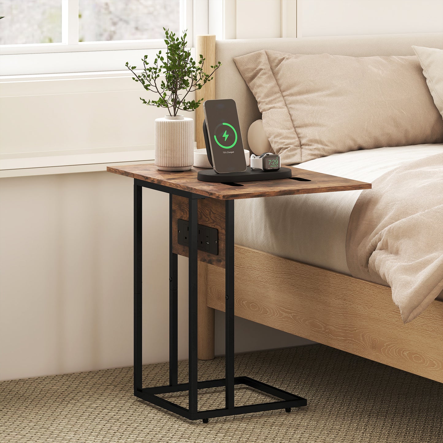 C Shaped Side Table with Charging Station and Foldable Top