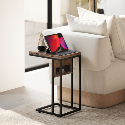C Shaped Side Table with Charging Station and Foldable Top