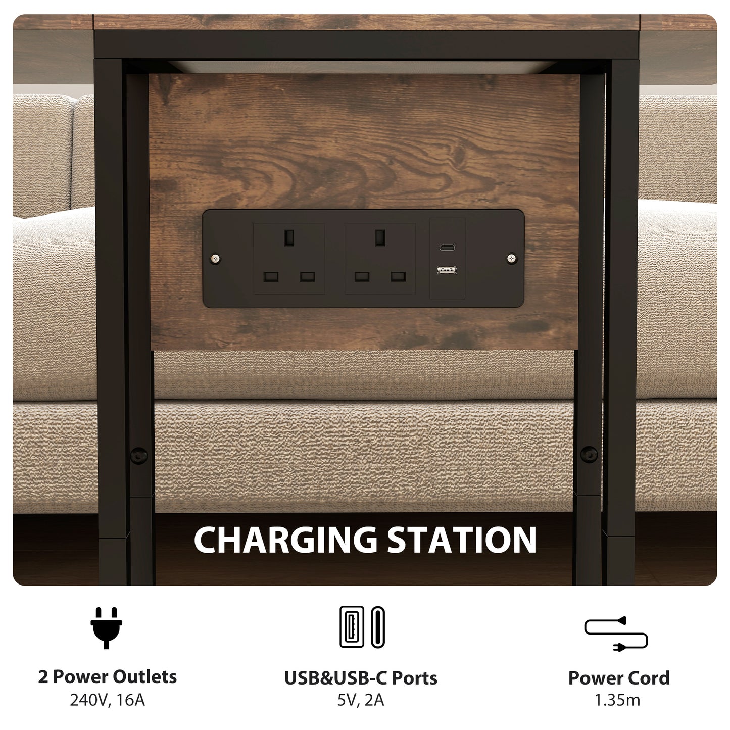 C Shaped Side Table with Charging Station and Foldable Top