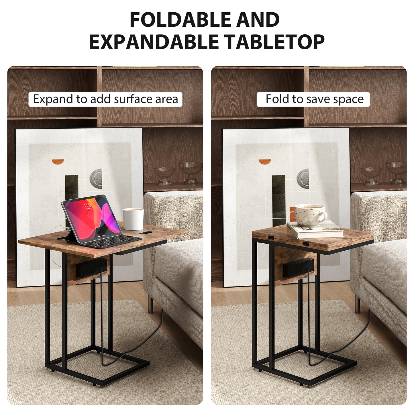 C Shaped Side Table with Charging Station and Foldable Top
