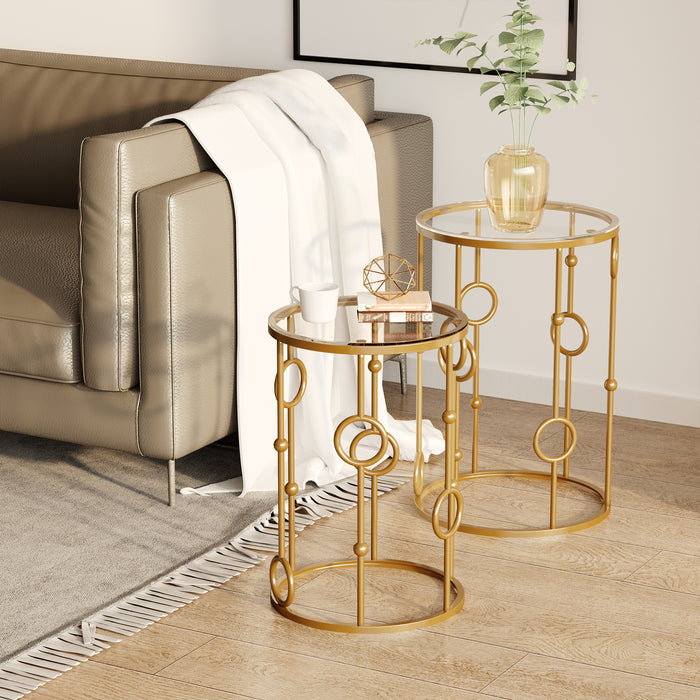 Round Coffee Tables Set of 2, Gold Nest of Tables with Tempered Glass Top, Steel Frame for Living Room, Gold