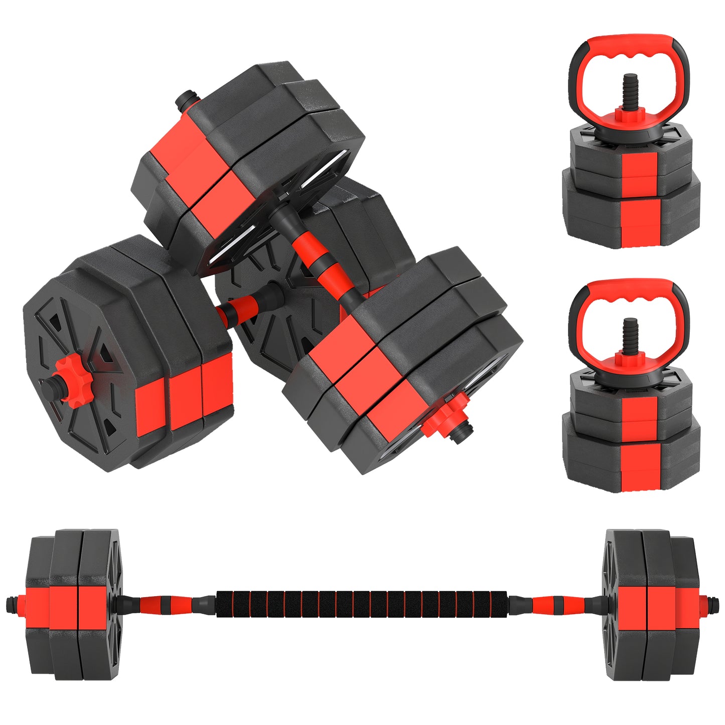 4-in-1 Adjustable Weight Dumbbells Set, 30kg Free Weights Set, Red