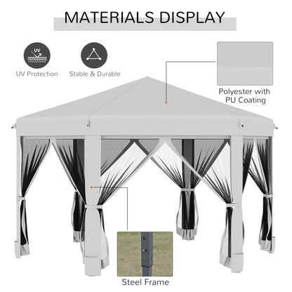 3.2m Pop Up Gazebo Hexagonal Canopy Tent Outdoor Sun Protection with Mesh Sidewalls, Handy Bag, Grey