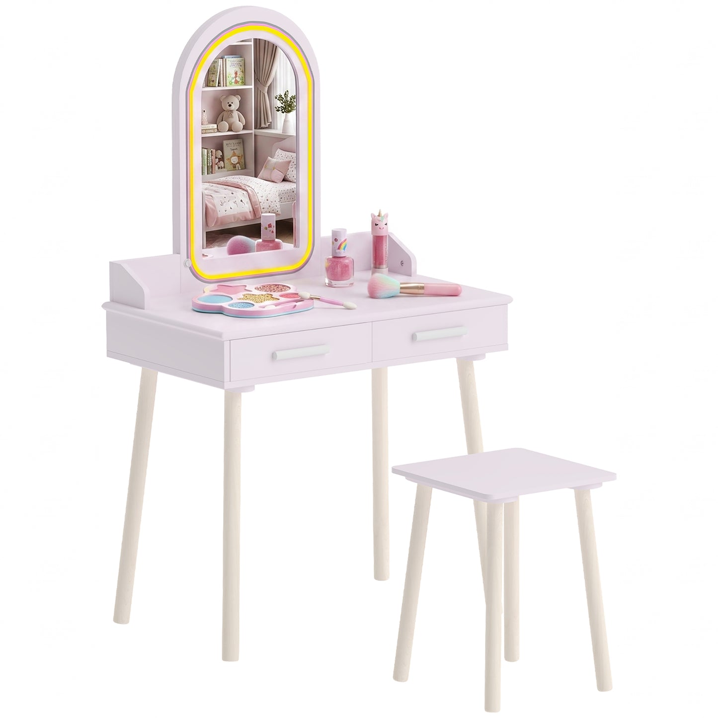 Kids Dressing Table with Stool, 3-Colour LED Lights Mirror, Drawer