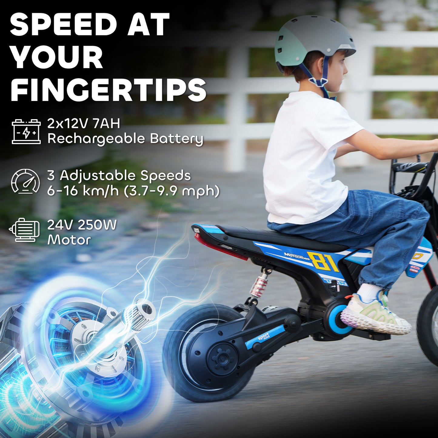 Kids Electric Motorbike, 24V Battery Powered Dirt Bike with 250W Motor, 6-16km/h, 7AH Batteries, 12" Inflatable Tires and Rear Suspension, Ride On Motorcycle for 8-12 Years Old, Blue