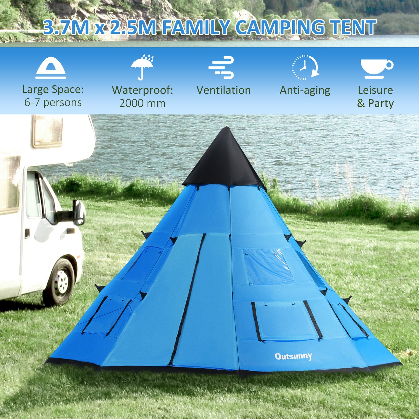 6-7 Person Large Family Party Camping Tent W/ Carrying Bag, Blue