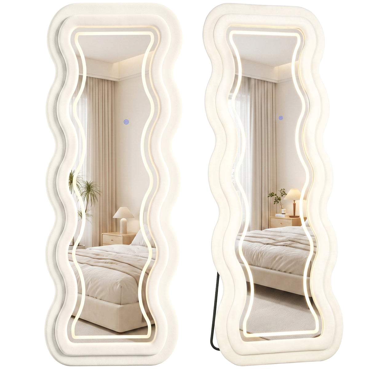 Full Length Mirror, 160 x 60 cm Velvet Wall Standing Mirror, Cream