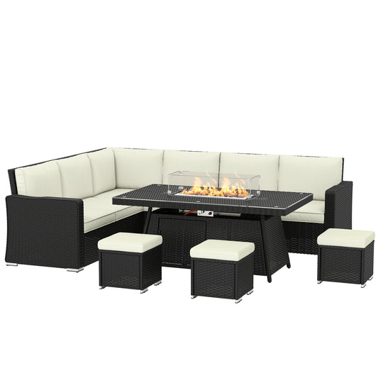 7 Pieces Rattan Garden Furniture Set w/ 50,000 BTU Fire Pit Table