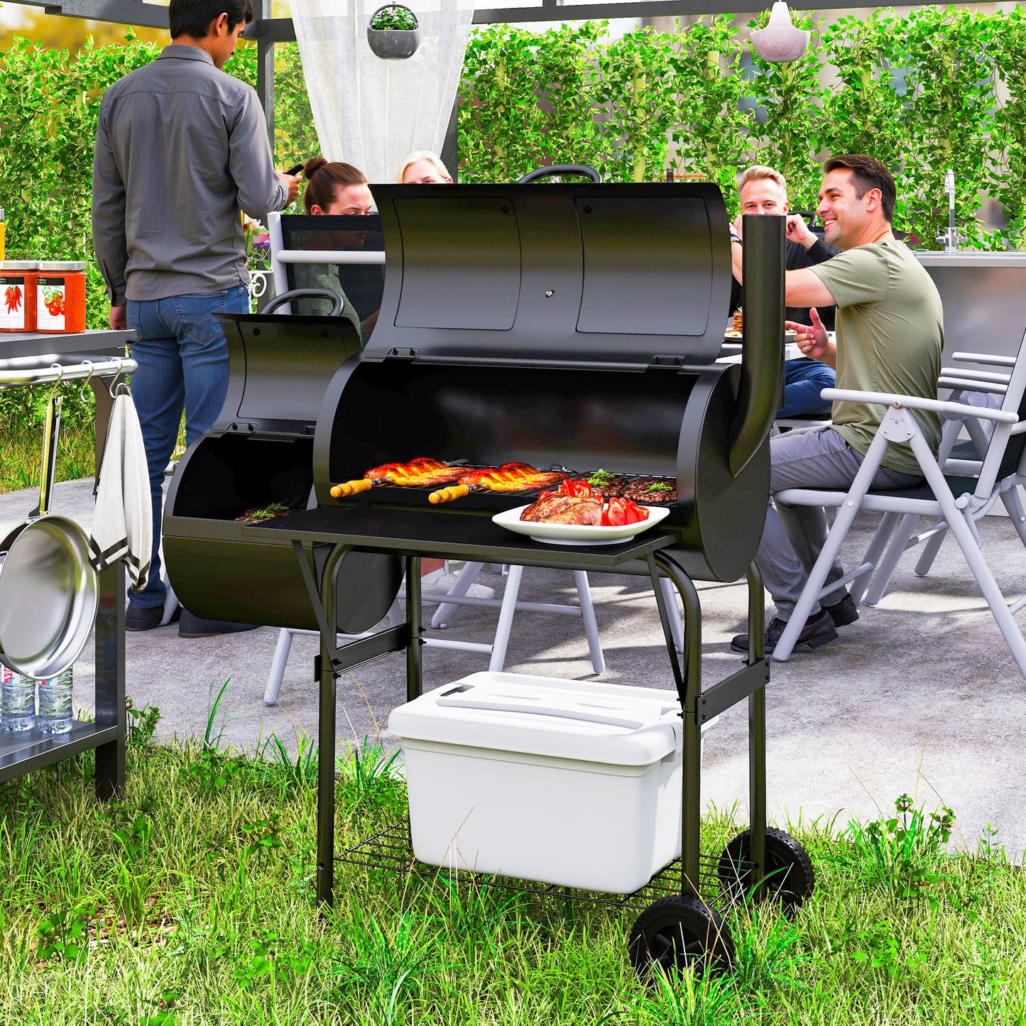 Portable Outdoor Charcoal Grill BBQ Grill with Offset Smoker Black