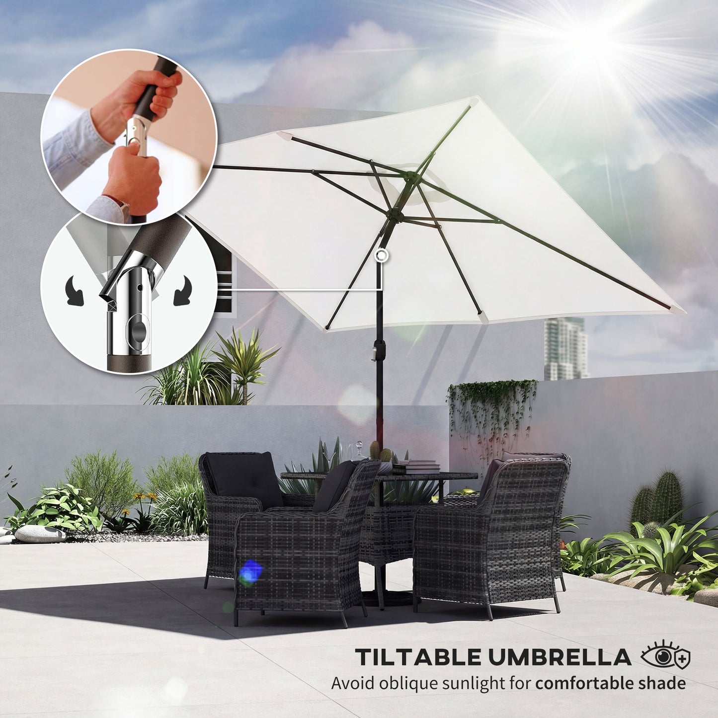 Garden Parasol, Outdoor Umbrella with Tilt Function, Cream White