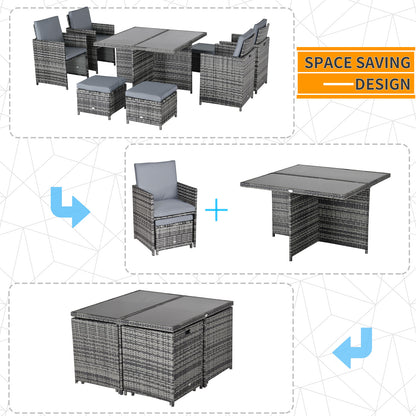Outsunny 9 Pieces PE Rattan Cube Garden Furniture Set with Cushions, Outdoor Rattan Dining Set with 4 Armchairs, 4 Stools, and Tempered Glass Top Table for Space Saving, Grey
