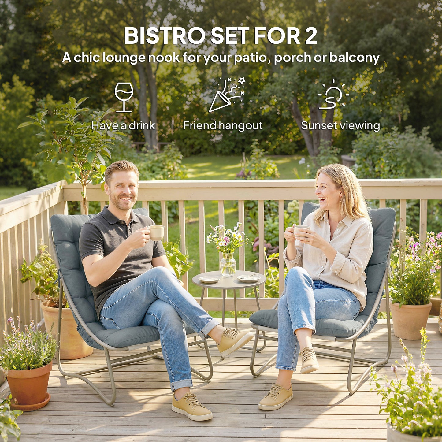 Garden Bistro Set, Bistro Table and Chairs w/ Cushions, Dark Grey