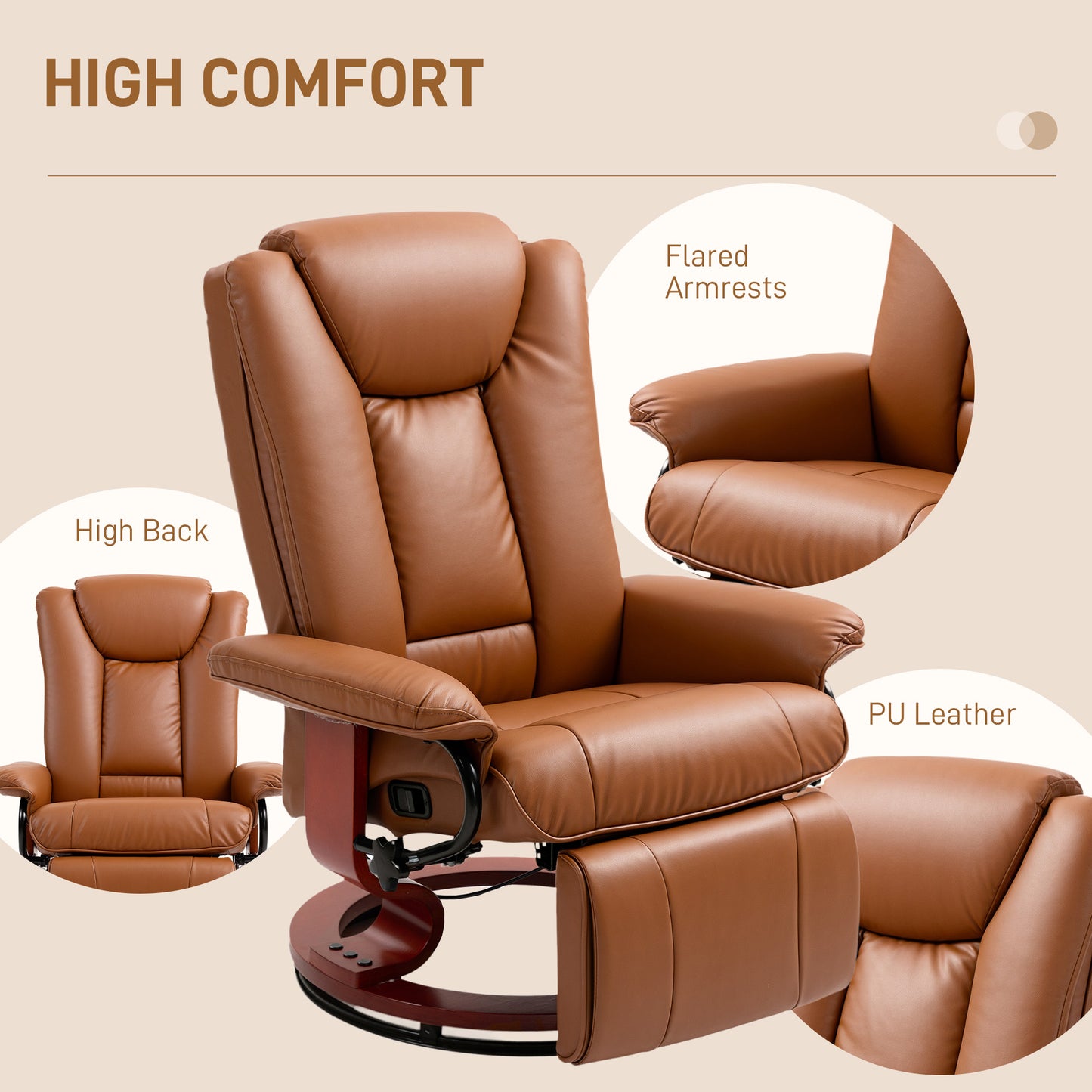 PU Leather Reclining Armchair with Footrest for Living Room, Brown