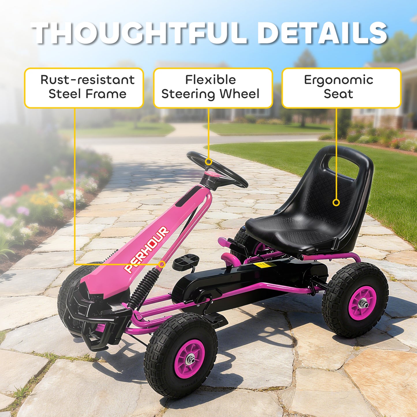 Kids Pedal Go Kart with Adjustable Seat, EVA Tyres, Pink
