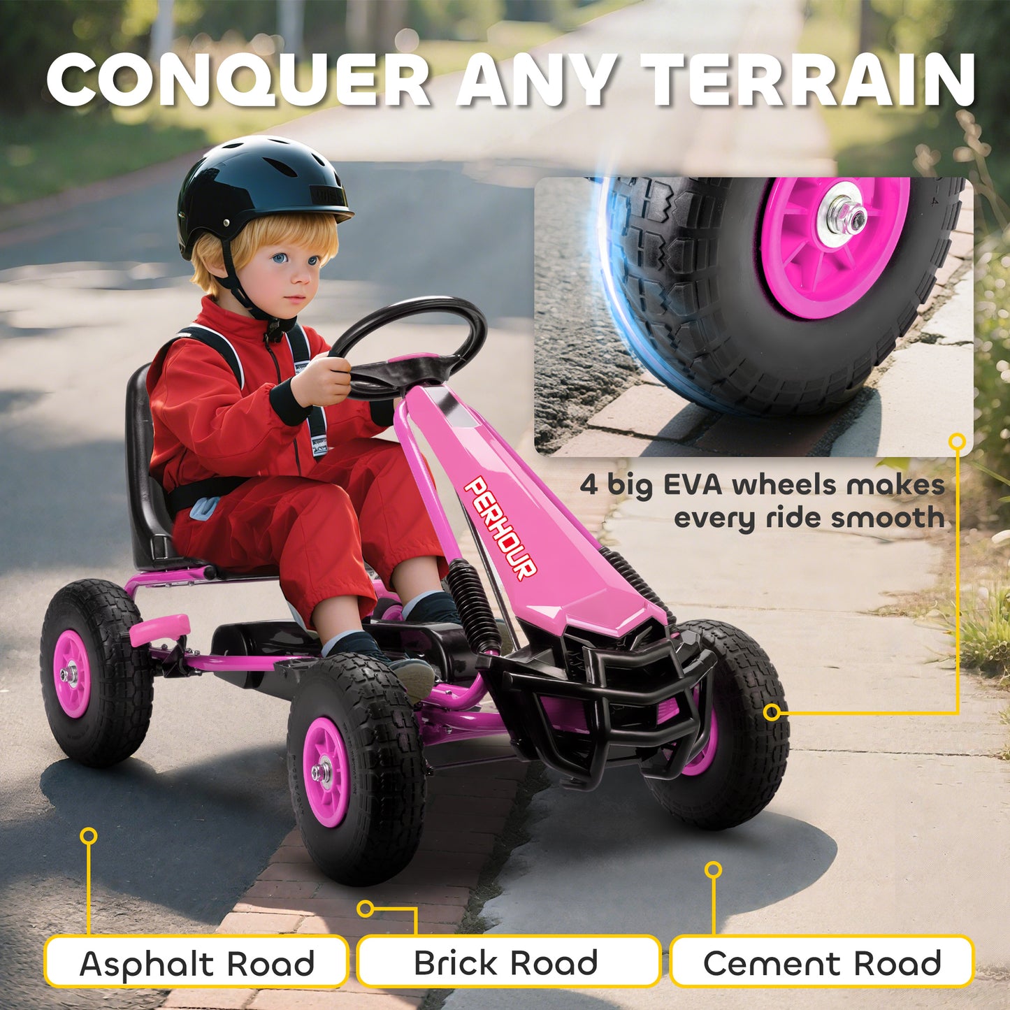 Kids Pedal Go Kart with Adjustable Seat, EVA Tyres, Pink
