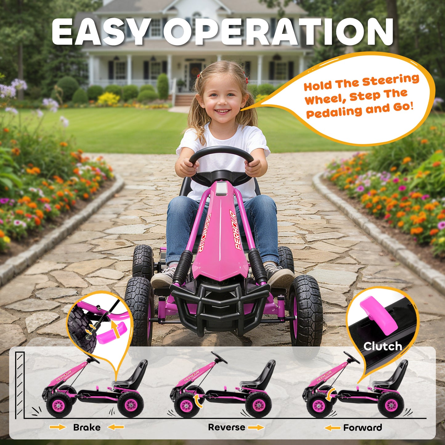 Kids Pedal Go Kart with Adjustable Seat, EVA Tyres, Pink