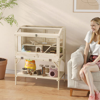 Wooden Hamster Cage, 2 Tier Hamster Habitat with Storage Shelf