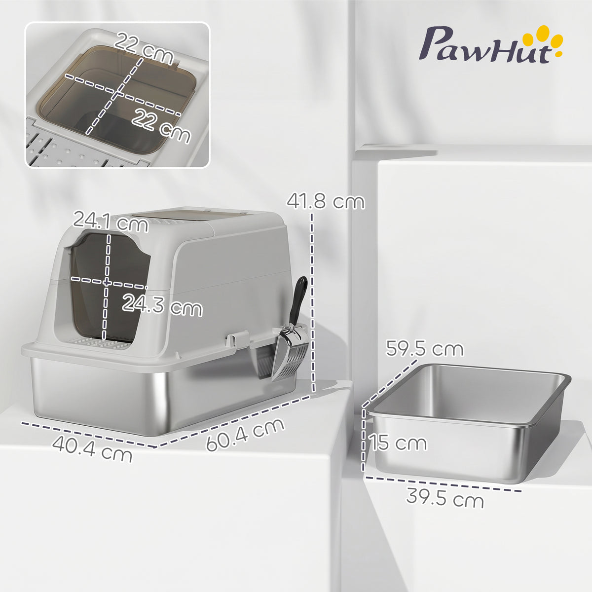 Stainless Steel Litter Box, Enclosed Metal Litter Tray with Scoop