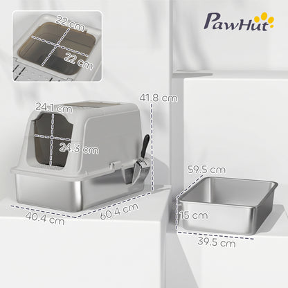 Stainless Steel Litter Box, Enclosed Metal Litter Tray with Scoop