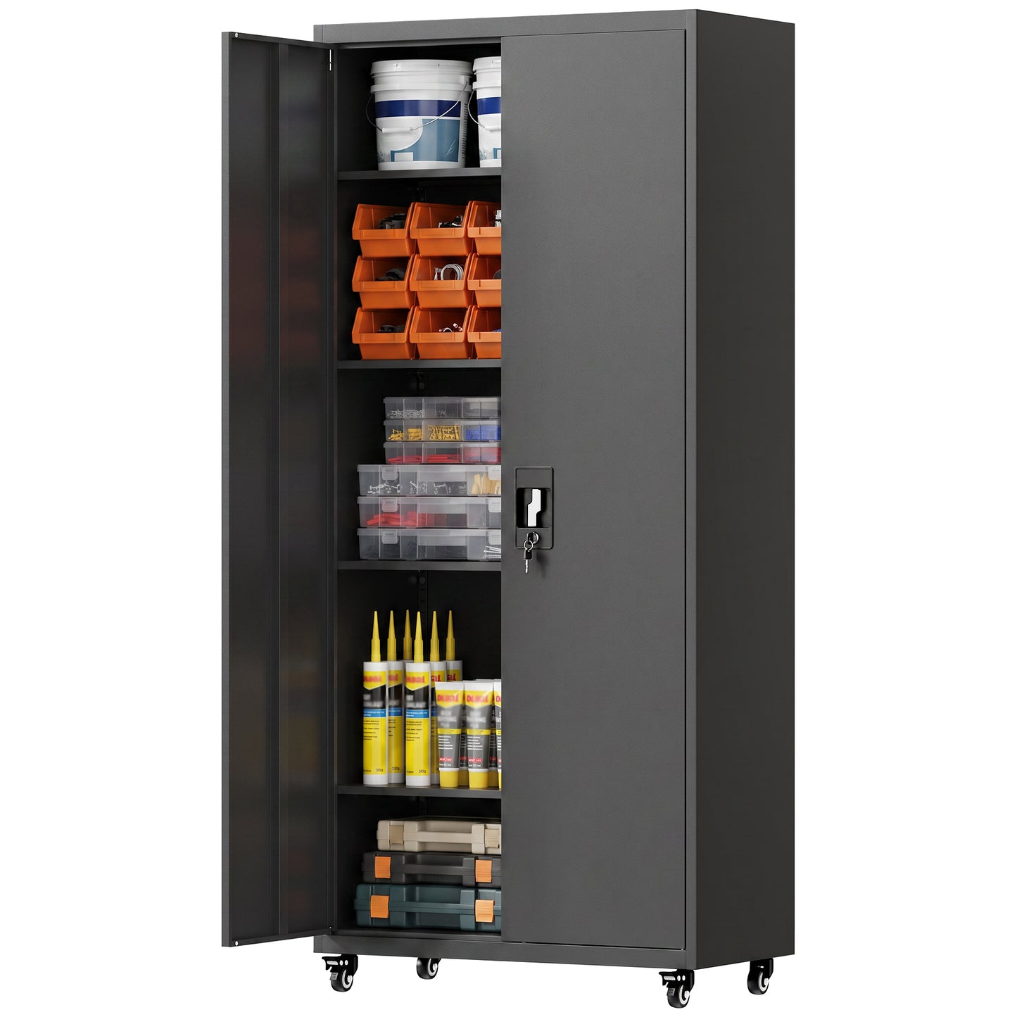 Metal Storage Cabinet with Removable Wheels and Adjustable Shelves