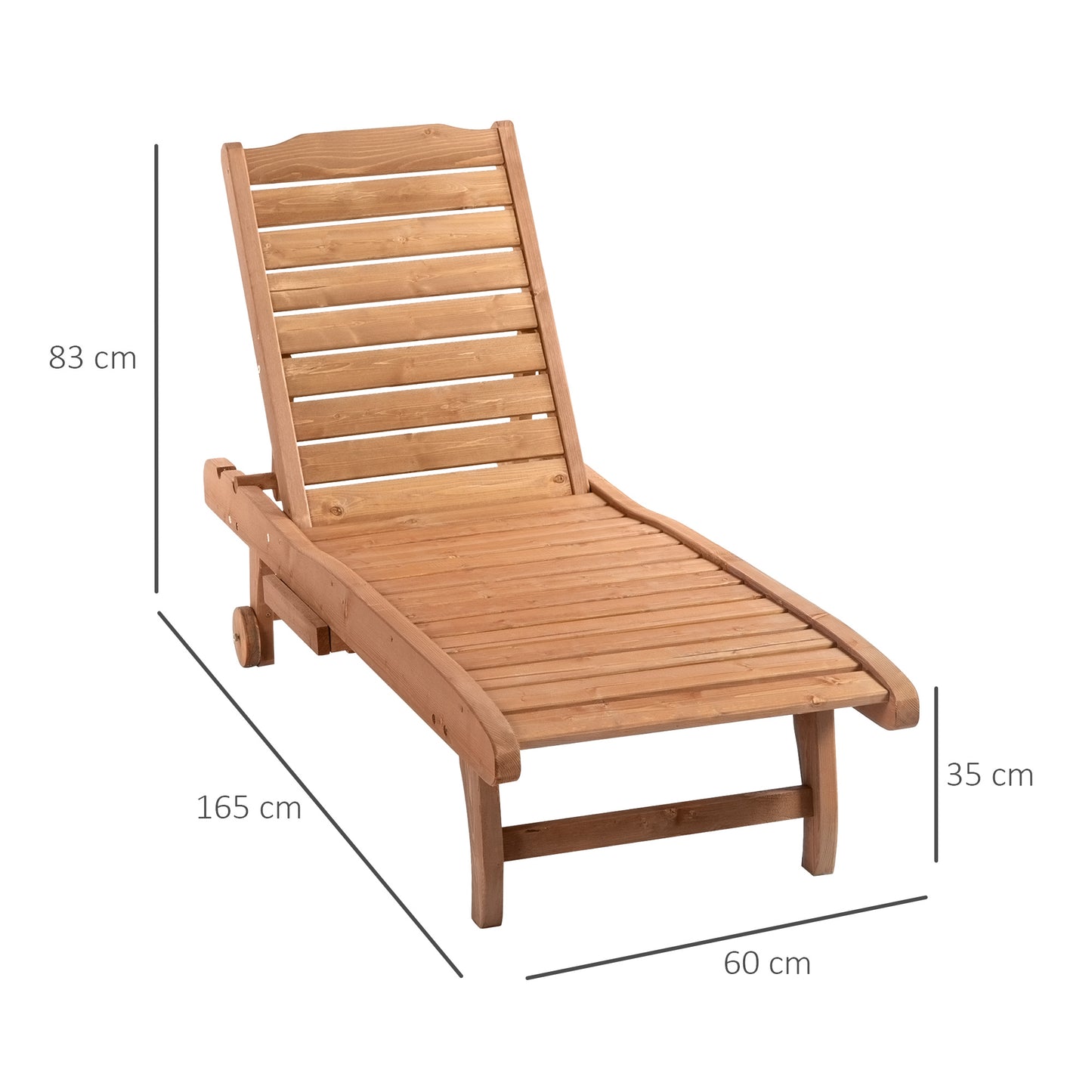 Outdoor Wooden Lounger Chair, Sun Bed with Built-In Table, Adjustable Backrest and Wheels, Red Brown