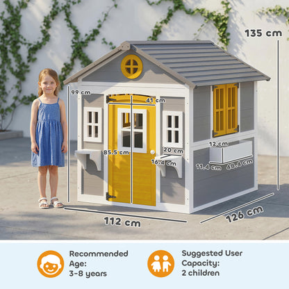 Wooden Playhouse for Kids Outdoor Wendy House with Doors, Windows, Plant Pots, Boxes, for 3-8 Years - Grey