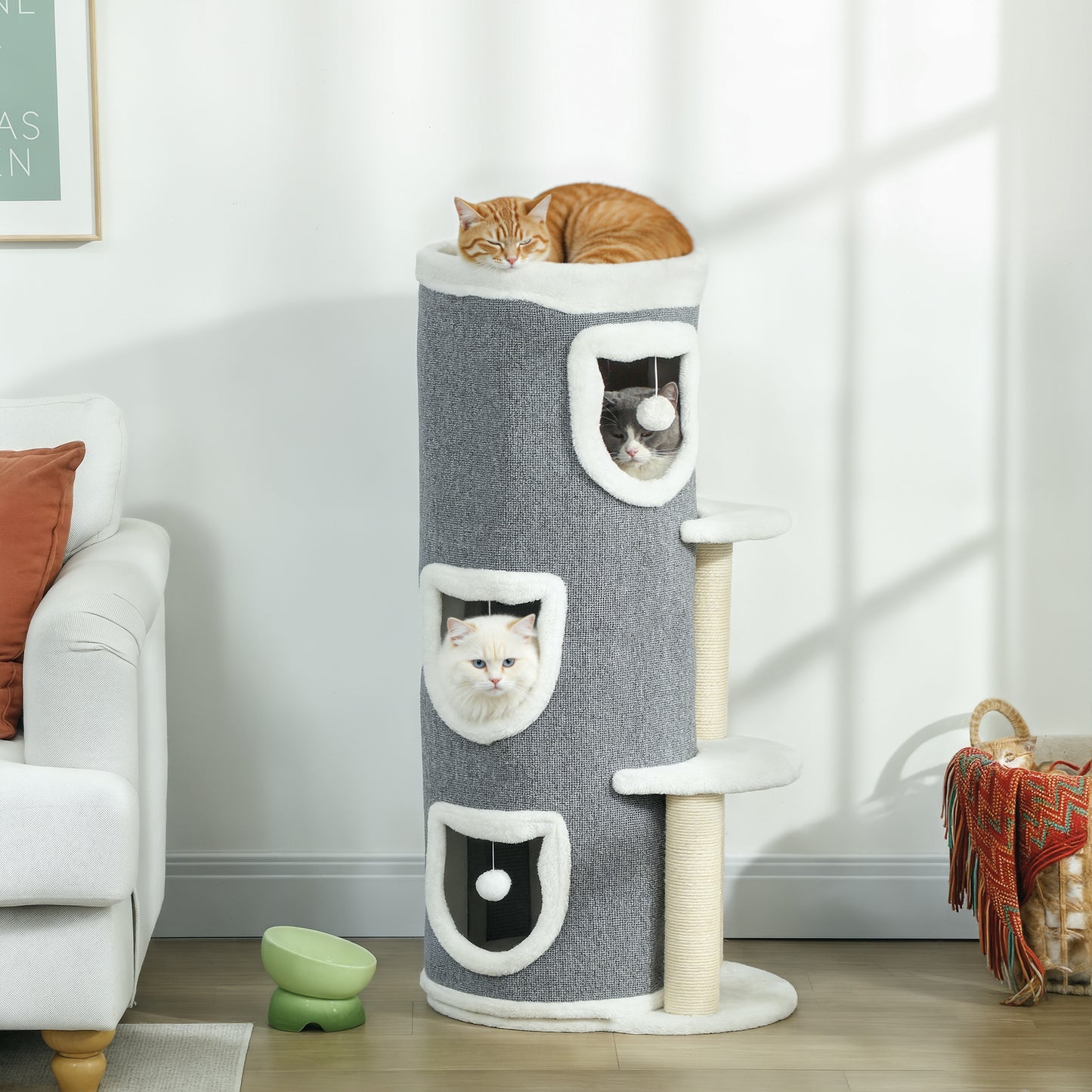 101 cm Cat Tree, 3-Tier Cat Barrel Cave Kitten Bed for Indoor, Kitty Tower House with 3 Condos, Sisal Scratching Posts, Jumping Platform, Grey
