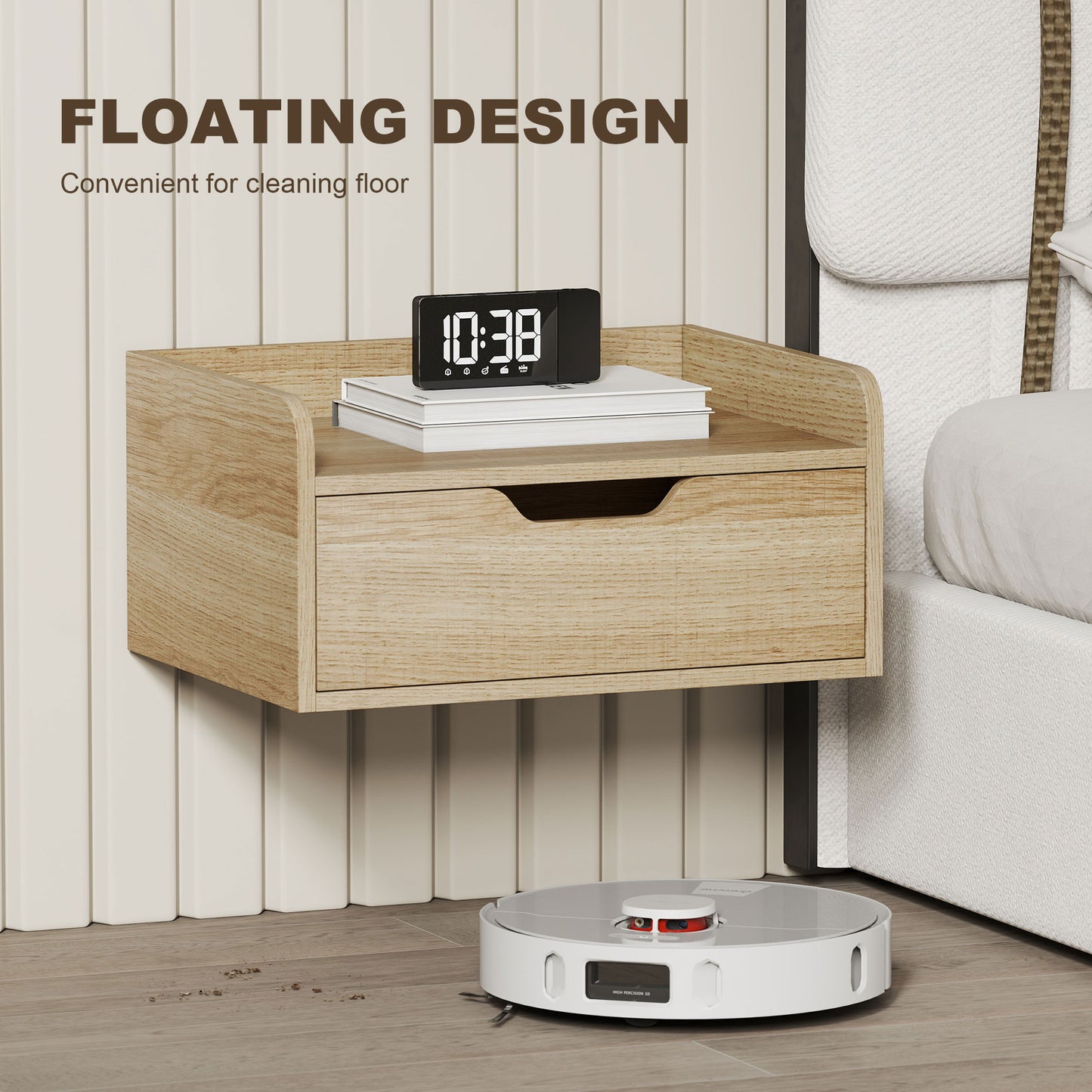 Floating Nightstands Set of 2, Nightstand with Drawer, Natural Wood