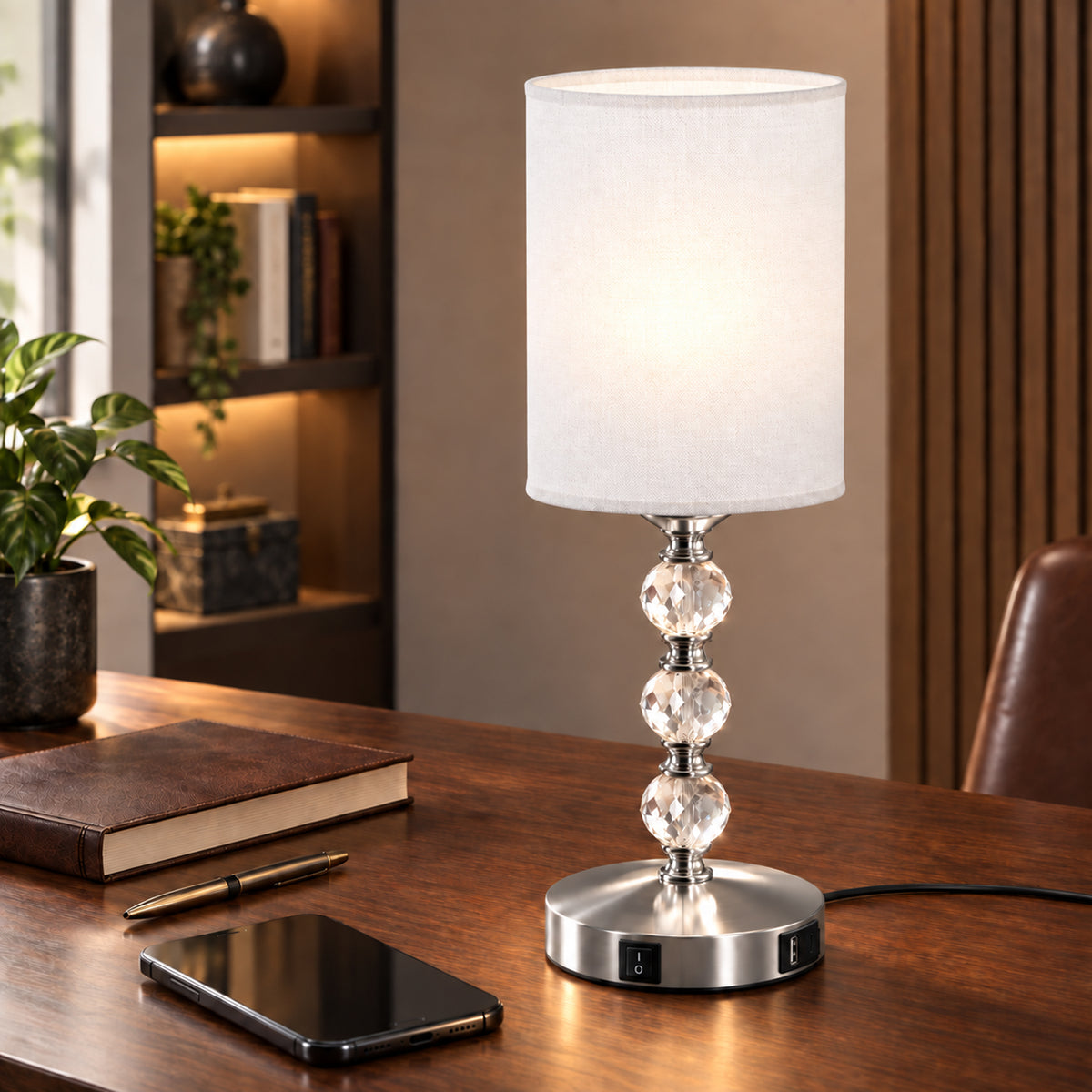 Crystal-Effect Bedside Lamp with USB-A and USB-C (Bulb Not Included) - Silver & White