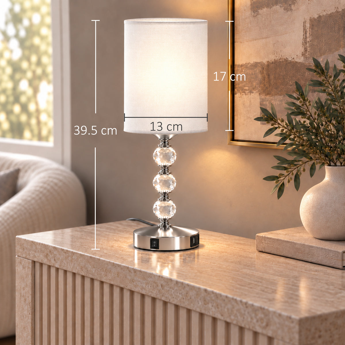 Crystal-Effect Bedside Lamp with USB-A and USB-C (Bulb Not Included) - Silver & White