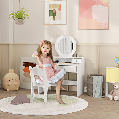 Kids Dressing Table Set w/ Stool, Mirror, Drawers - White