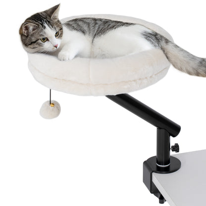 Cat Bed for Desk, 360° Rotatable Adjustable Elevated Cat Desk Bed, Comfortable Soft Plush Kitten Hammock Nest Machine-Washable, Cream White