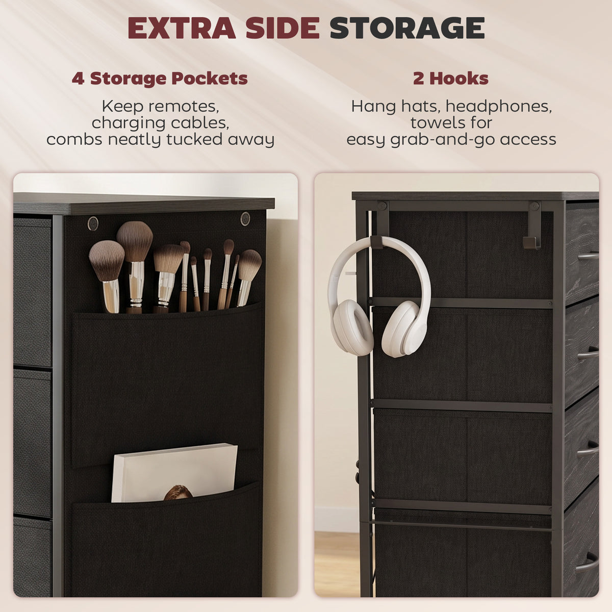 Fabric Chest of Drawers, 5 Drawer Dresser for Bedroom, Black