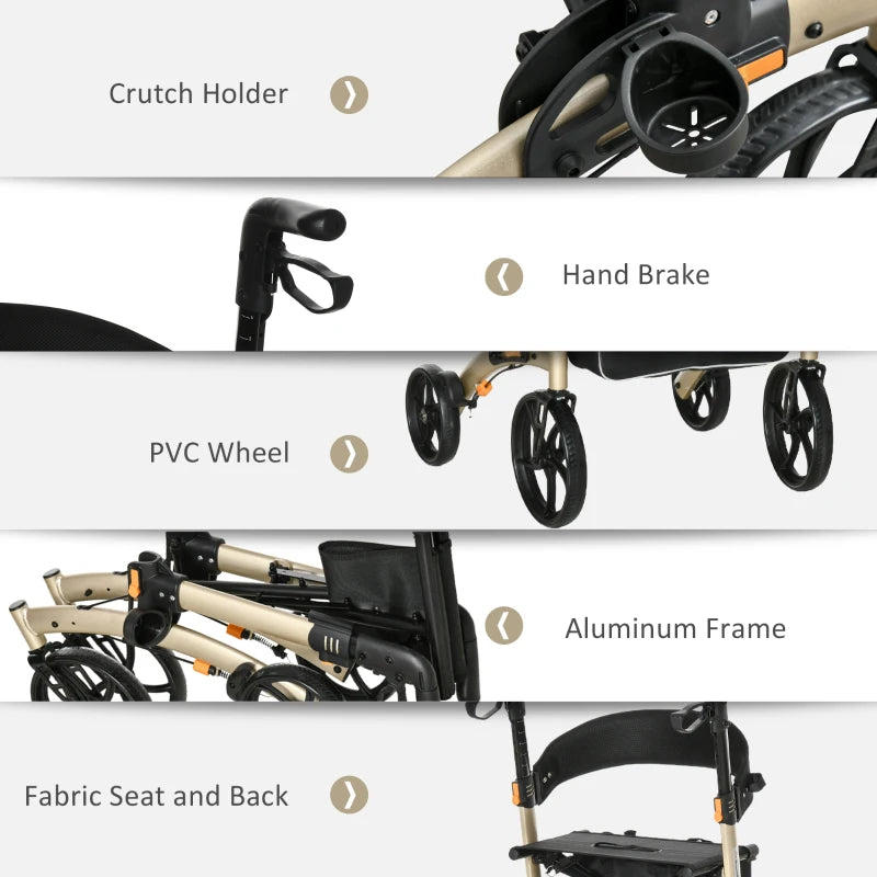 Folding Rollator with Cane Holder, Adjustable Handle Height