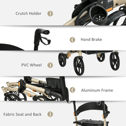 Folding Rollator with Cane Holder, Adjustable Handle Height