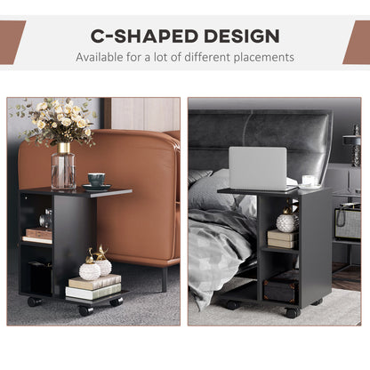 C-Shape End Table Storage Unit w/ 2 Shelves 4 Wheels Home Office Black