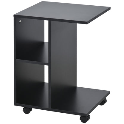 C-Shape End Table Storage Unit w/ 2 Shelves 4 Wheels Home Office Black