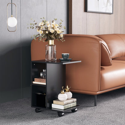 C-Shape End Table Storage Unit w/ 2 Shelves 4 Wheels Home Office Black