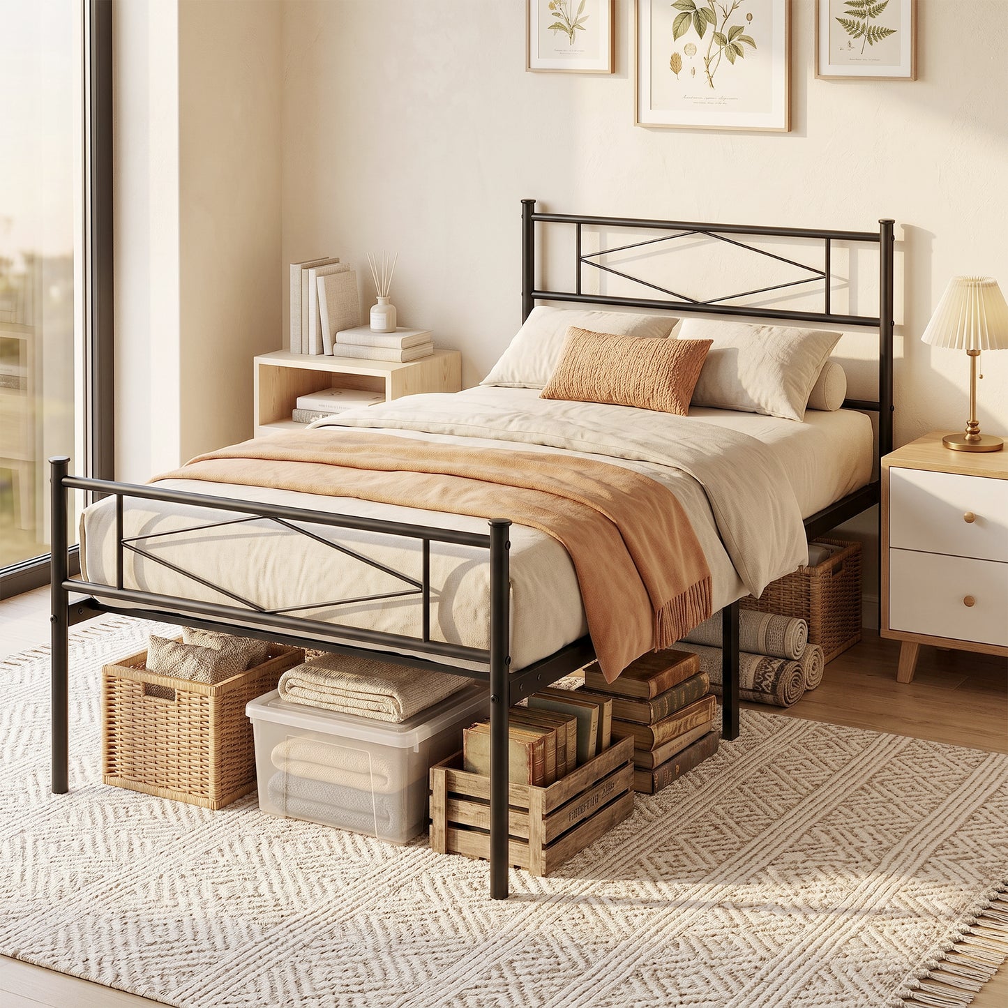 3ft Single Bed Frame with Headboard and Footboard, Metal Platform Bed Frame with 32 cm Underbed Storage, Steel Slat Support, Noise-Free, No Box Spring Needed, Easy Assembly, Black