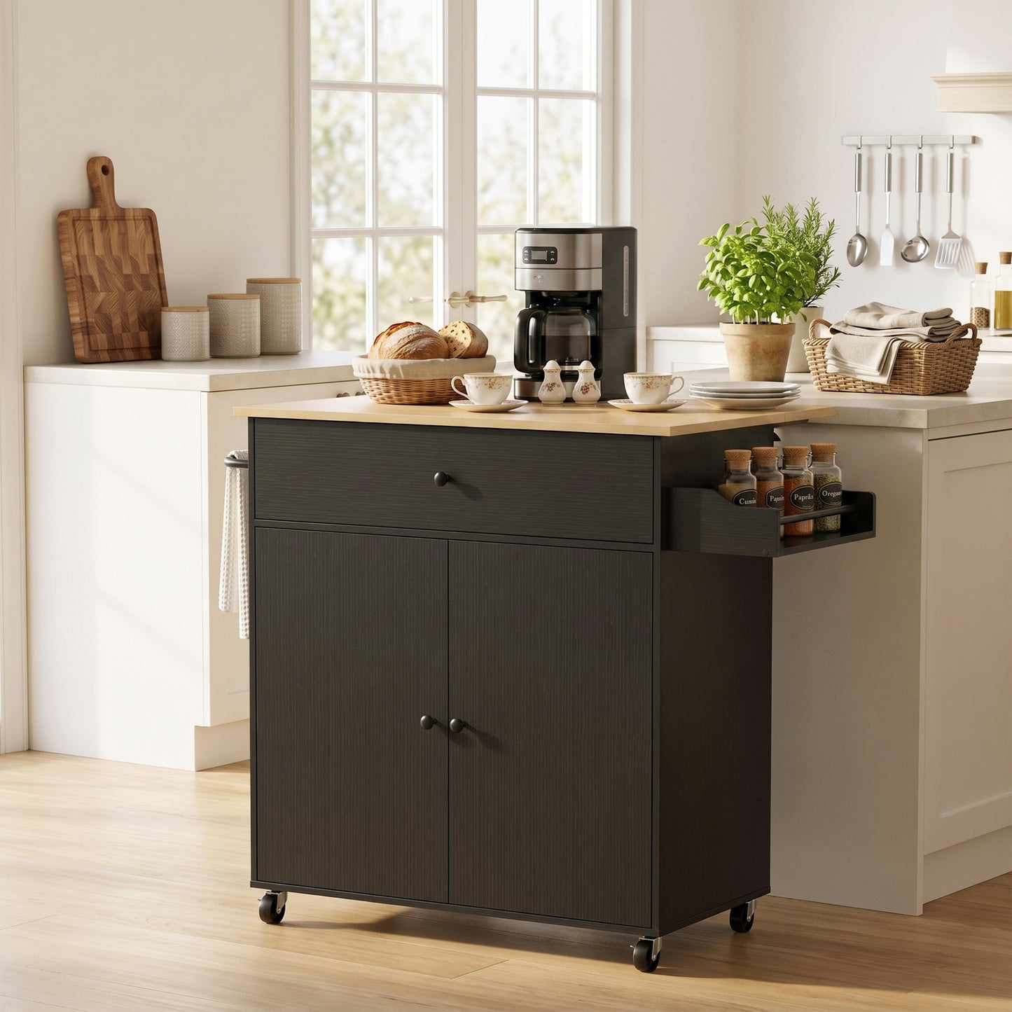 Kitchen Island with Drop Leaf, Rolling Kitchen Storage Trolley, Black