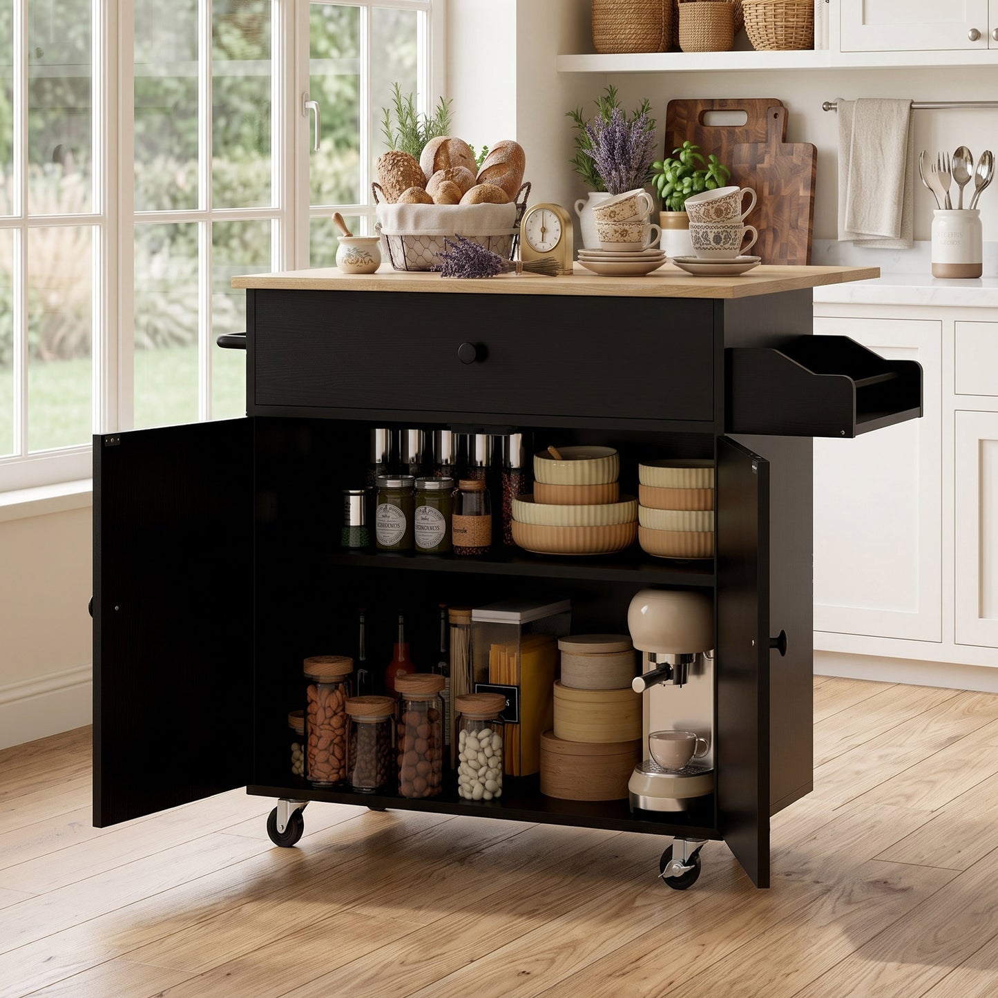 Kitchen Island with Drop Leaf, Rolling Kitchen Storage Trolley, Black